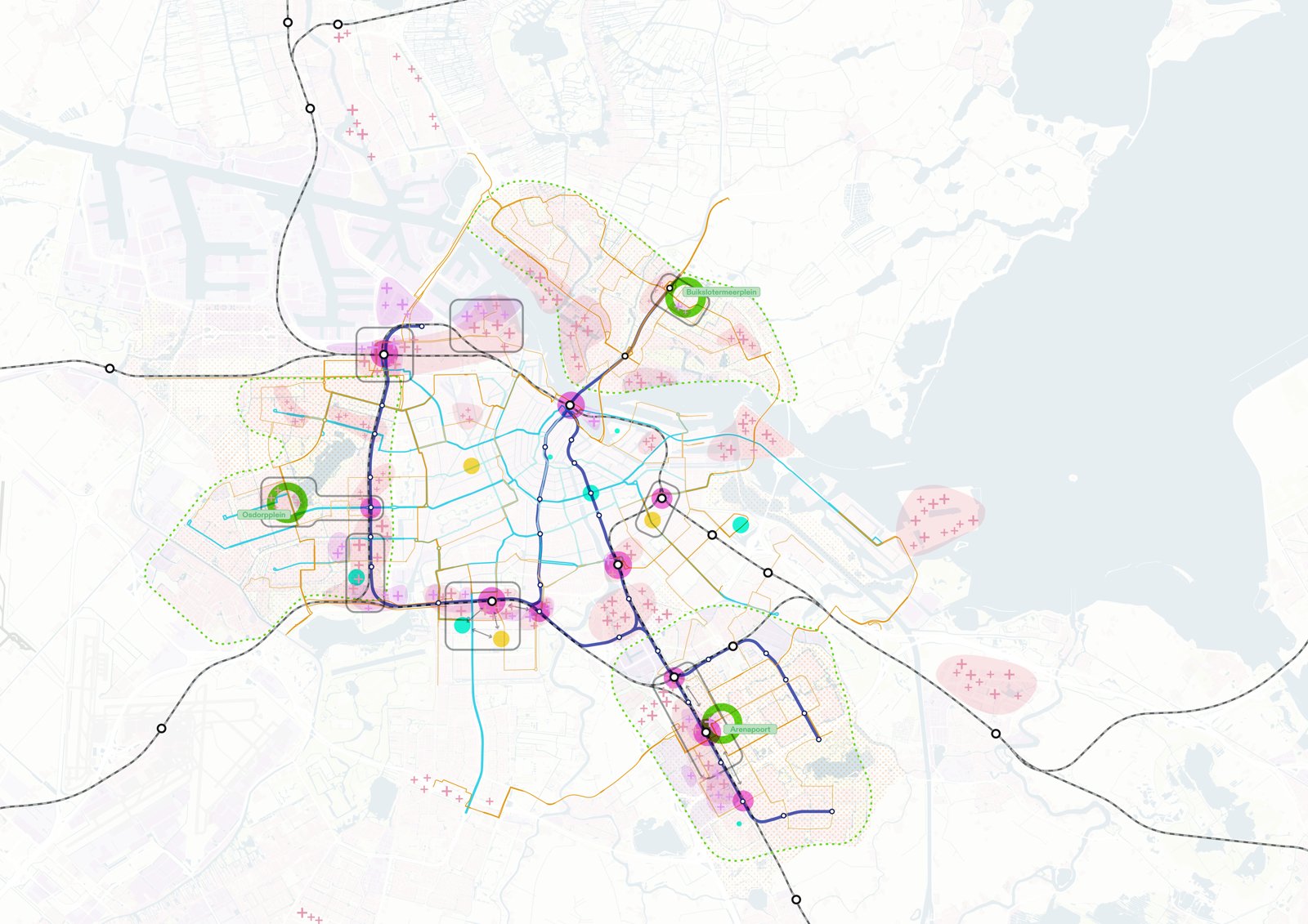 Opgavenkaart of Amsterdam's core hubs (kernen) and the challenges around them.