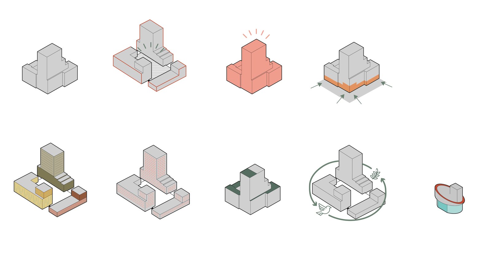 Axonometric overview of Brainpark I ensembles