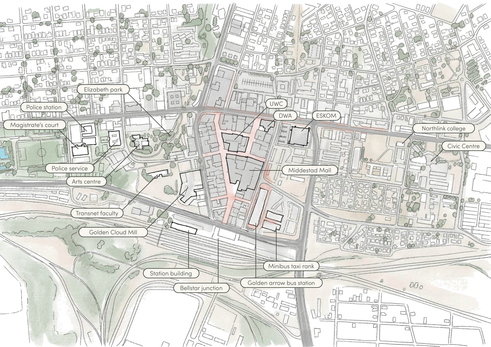 Analysis map of central Bellville and its key places.