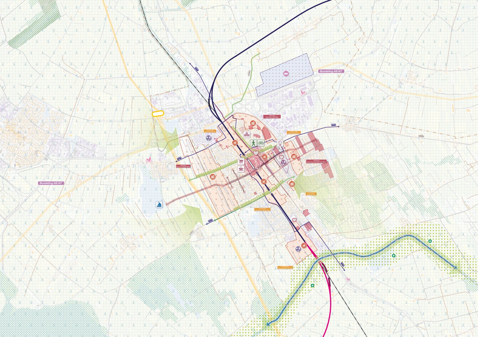 Toekomstbeeld 2 – Stadsas Heerenveen: the Lelylijn on the existing track, with the station moved south.