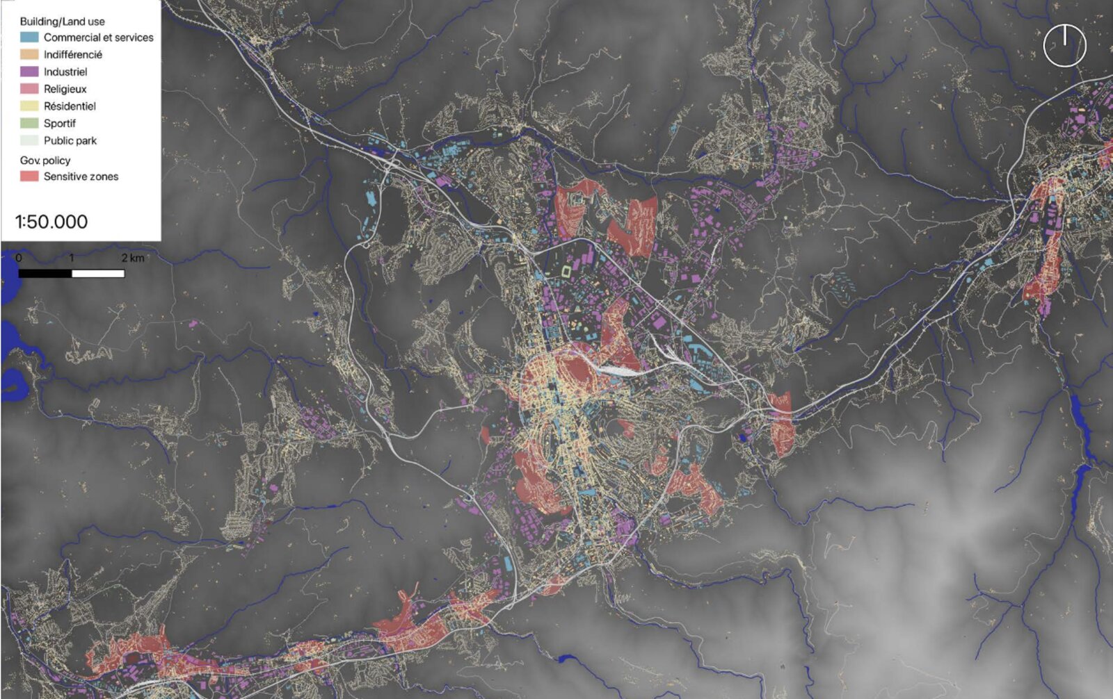 GIS mapping of land use and government-flagged sensitive zones across Saint-Étienne.